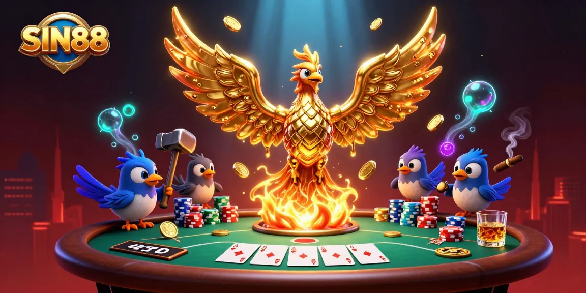 SIN88 features a molten metal phoenix surrounded by poker elements and dynamic casino action.