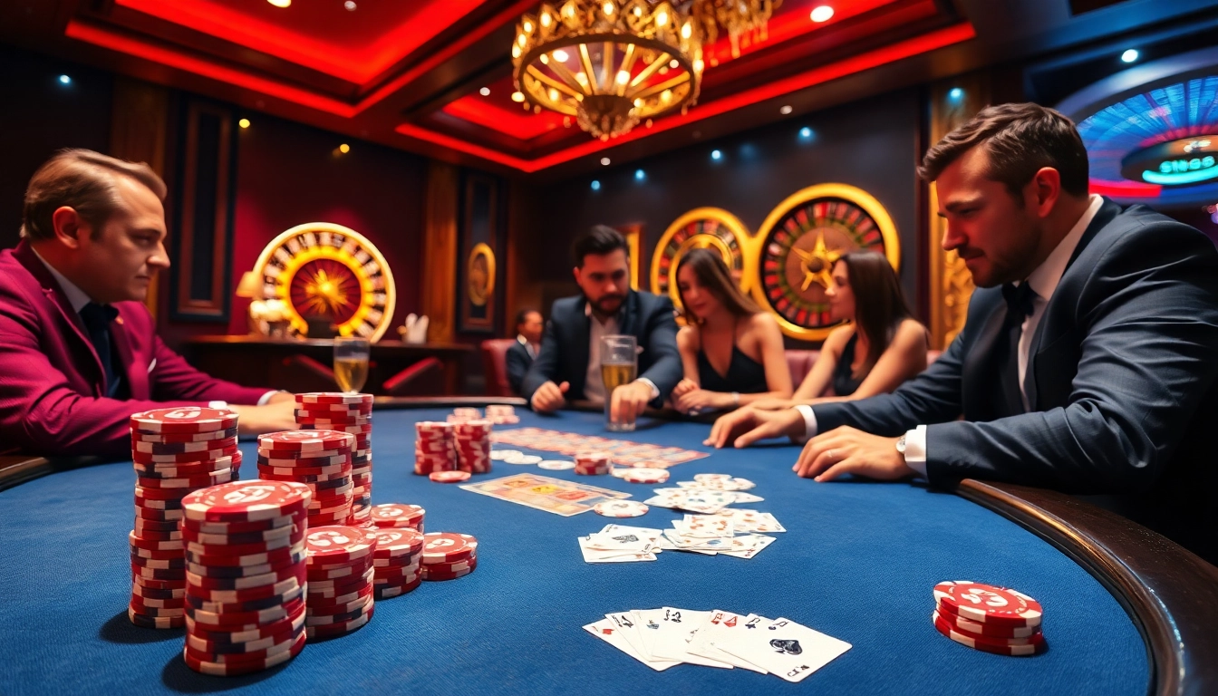 SIN88 poker players strategizing at an elegant casino table with vibrant chips and cards.
