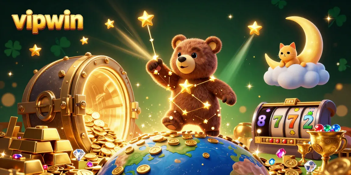 Experience the thrill of vipwin with a vibrant 3D illustration of casino treasures and whimsical characters.