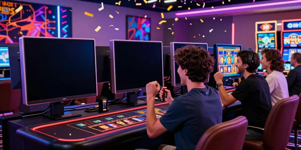 Excited player celebrating a win at new non GamStop casinos gaming setup with colorful screens and festive atmosphere.