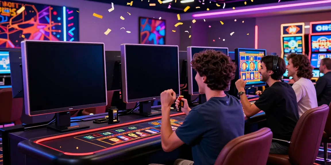 Excited player celebrating a win at new non GamStop casinos gaming setup with colorful screens and festive atmosphere.