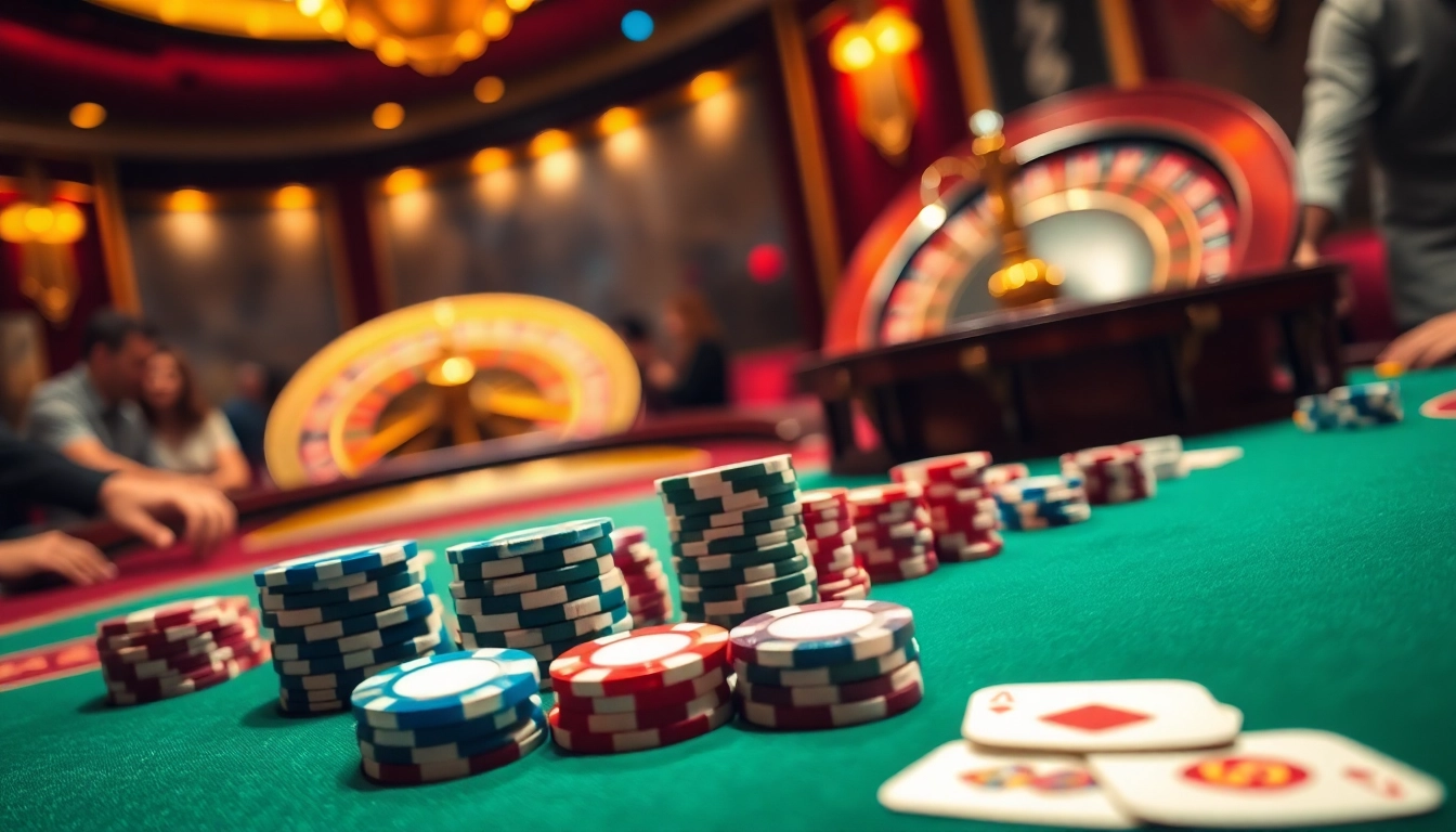Casino scene with vibrant poker chips and roulette wheel representing tg88 excitement.