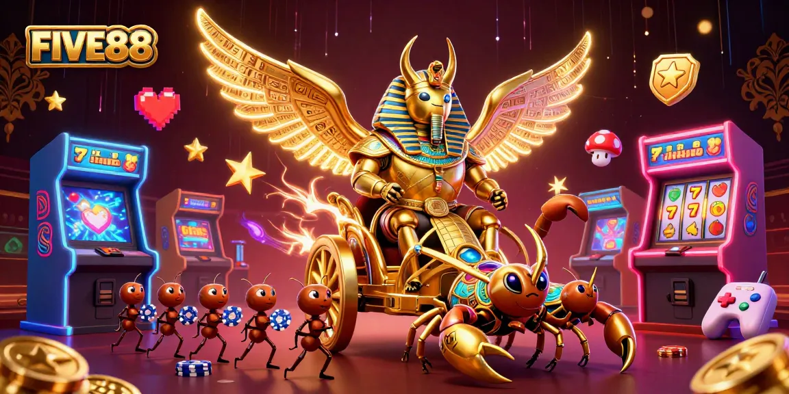 Experience thrilling gameplay with FIVE88, featuring a colossal scarab beetle and vibrant slot elements.