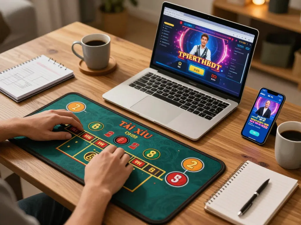 Tài xỉu online betting action taking place on a laptop screen with vibrant game graphics.