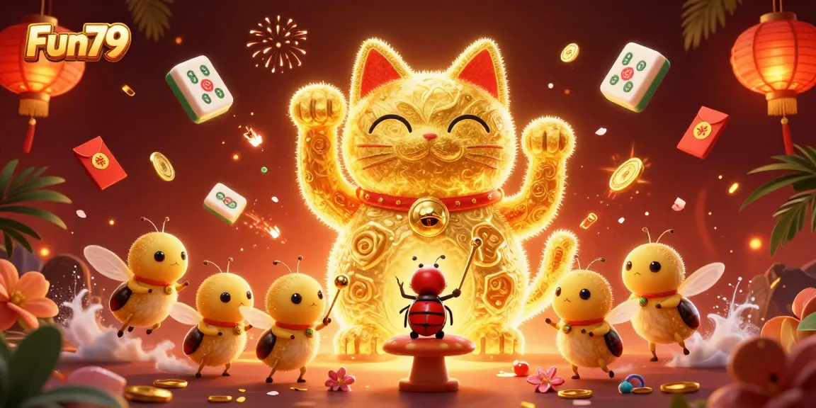 Catch big wins at Fun79 with vibrant, 3D casino-themed illustration showcasing lucky symbols.