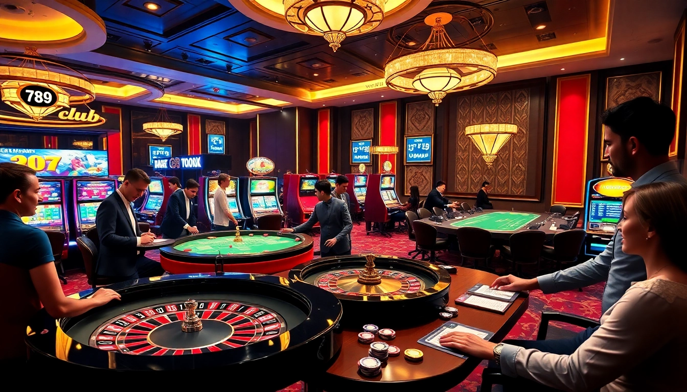 A vibrant casino scene showcasing the excitement of gameplay at 789fclub, featuring roulette tables and slot machines.