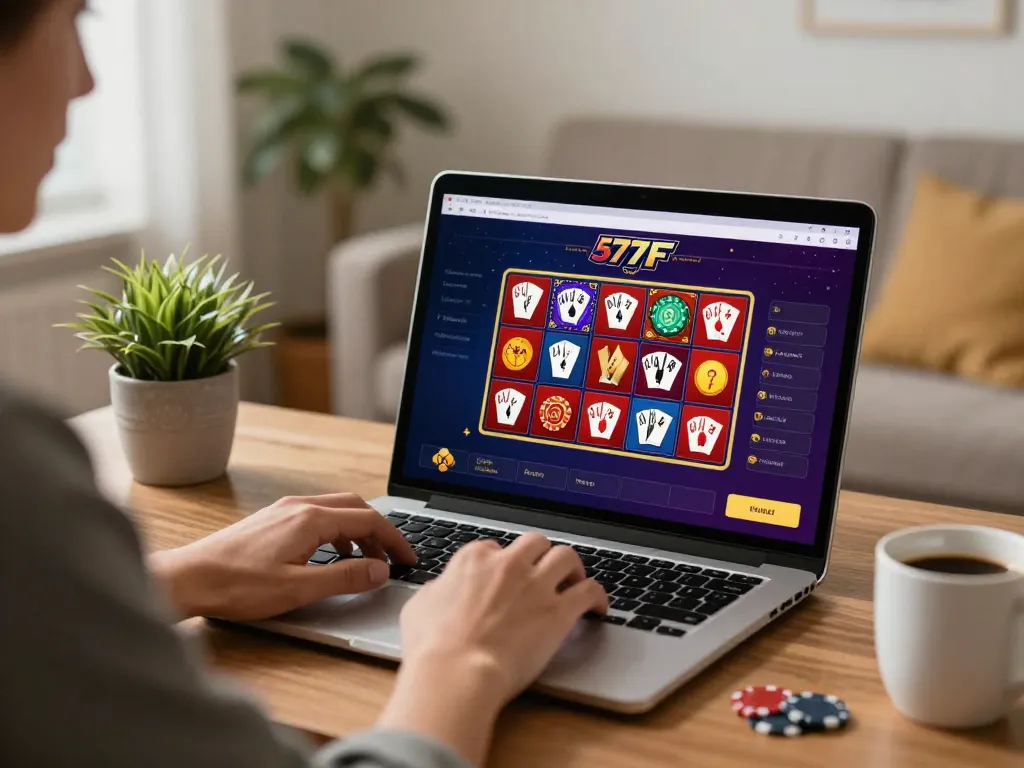 Experience the thrill of online casino gaming with 577F on your laptop, showcasing exciting poker hands.