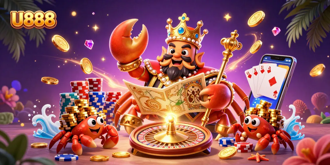 Win big with U888 featuring a golden crab emperor and vibrant casino elements in a captivating 3D scene.