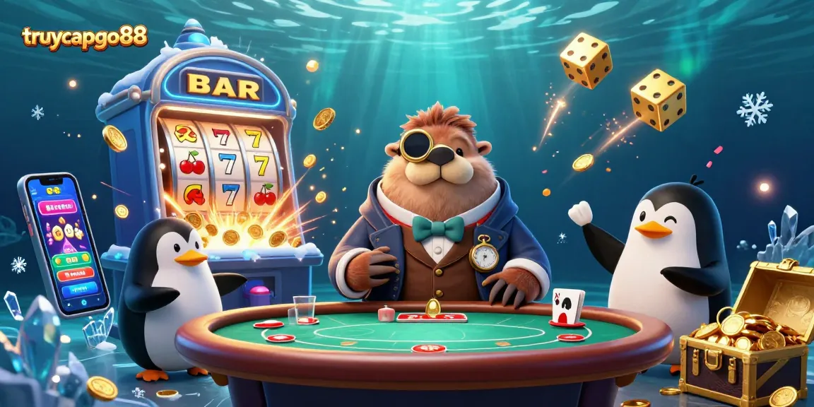 Engage in thrilling gameplay at truycapgo88 with a jolly walrus, sophisticated dealer, and vibrant casino elements.