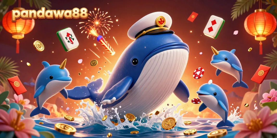 The pandawa88 whale character swims triumphantly in a sea of coins while playful dolphins throw poker chips, showcasing a vibrant casino theme.