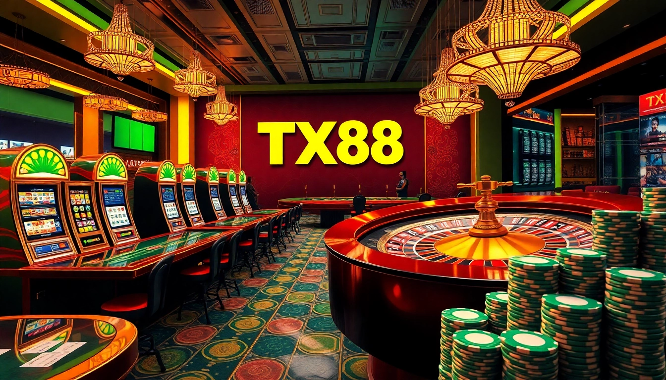 TX88 logo featured in a vibrant casino scene with casino tables, poker chips, and slot machines.