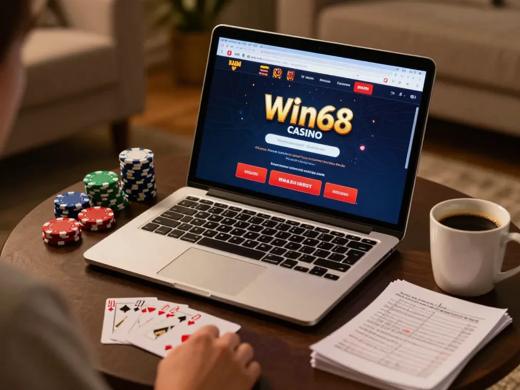 Engaging with win68 online casino gameplay from a cozy home setup, laptop and gaming accessories.