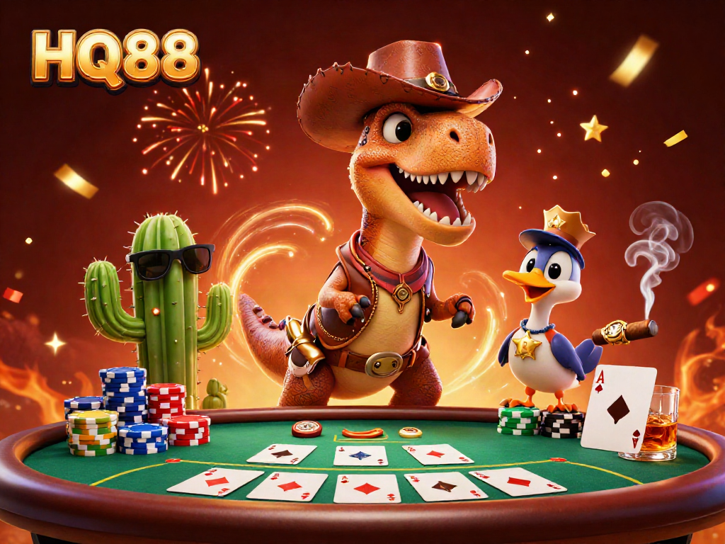 Experience exciting poker action in HQ88 with a dynamic 3D illustration featuring a T-Rex dinosaur and friends.