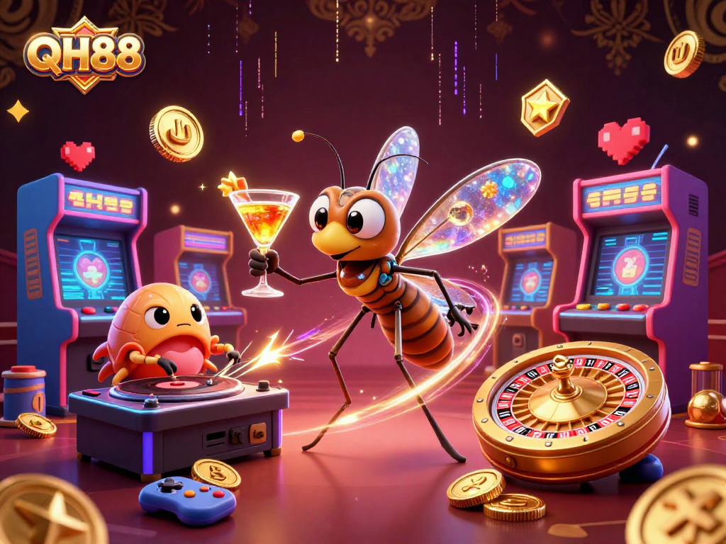 Engage with QH88's vibrant casino universe, showcasing a dynamic mix of gaming elements and lively characters.