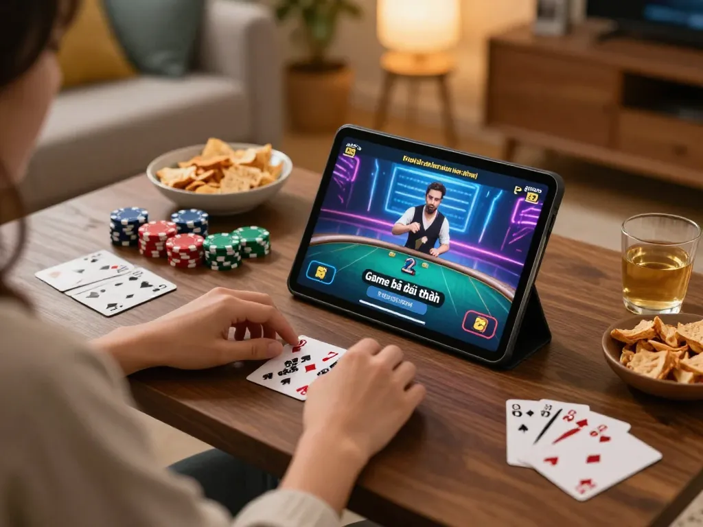 Engaging in Game bài đổi thưởng while playing on a tablet in a cozy home setting.