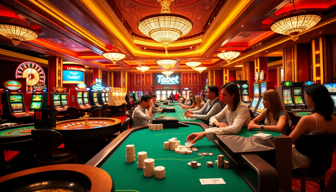 Gambling enthusiasts play table games at a luxurious casino scene featuring tabet branding.