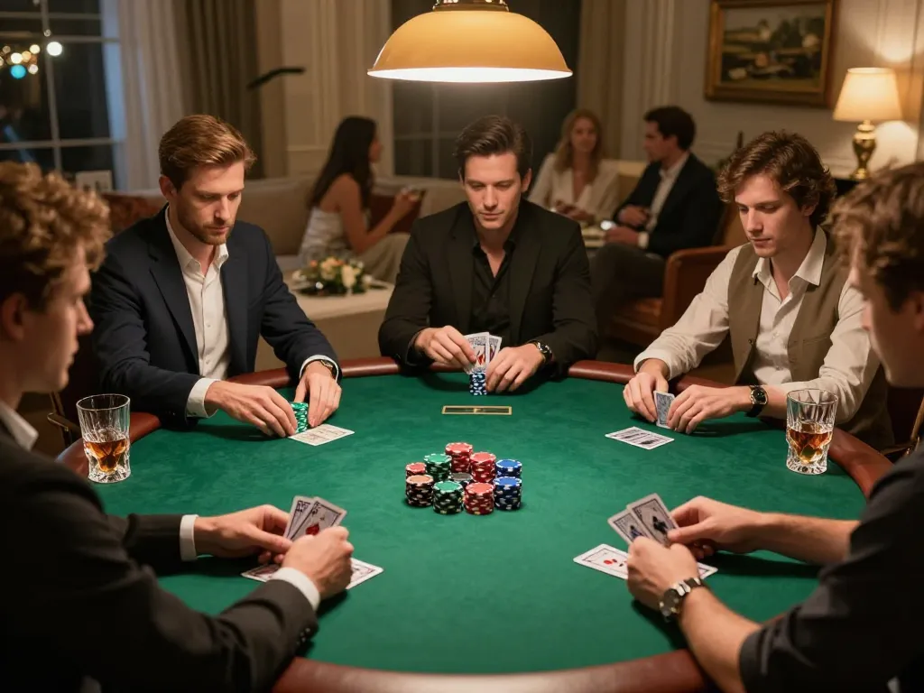 lv88 players engage in strategic poker match at elegantly lit home table, enhancing social gaming experience.