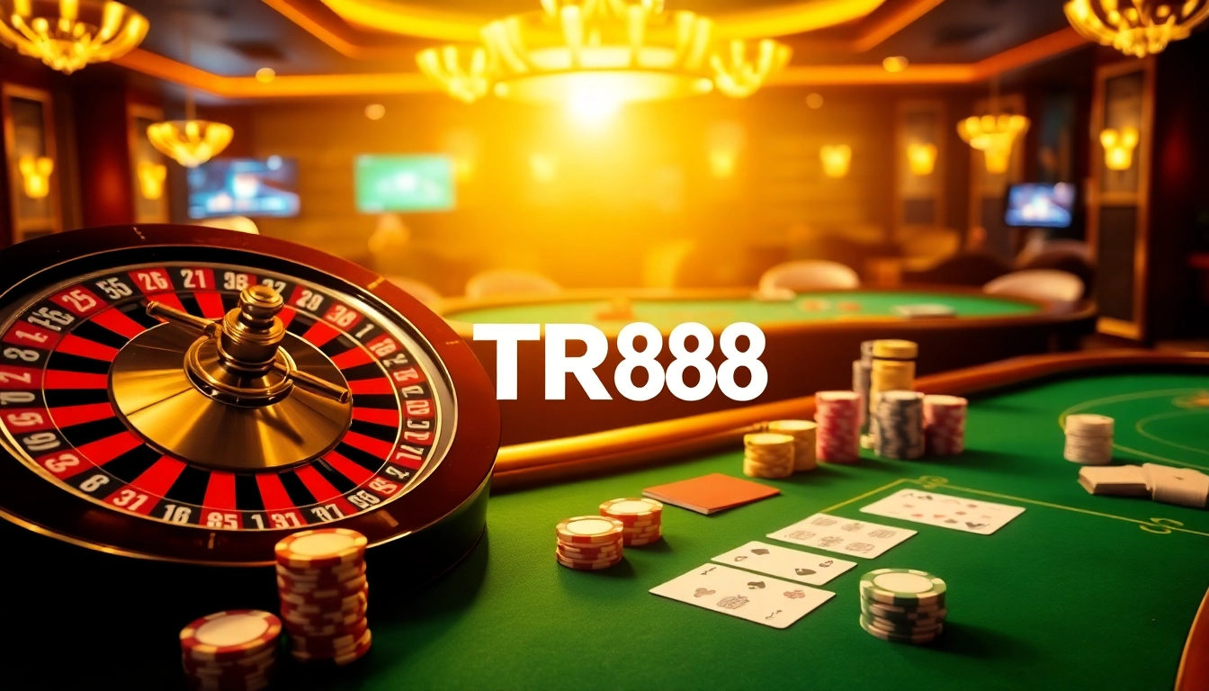 Engage with TR88 gaming excitement at a luxurious casino featuring roulette, poker chips, and vibrant atmosphere.