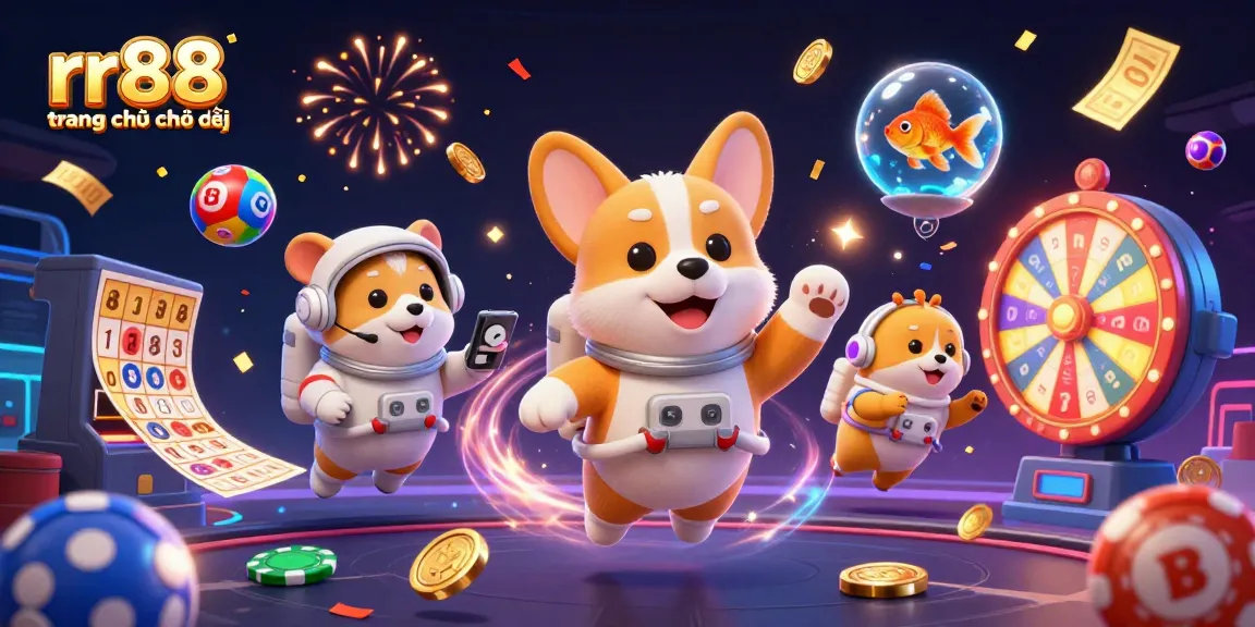 Engage with rr88 trang chủ chính thức through this vibrant casino-themed illustration showcasing fun characters and lottery elements.