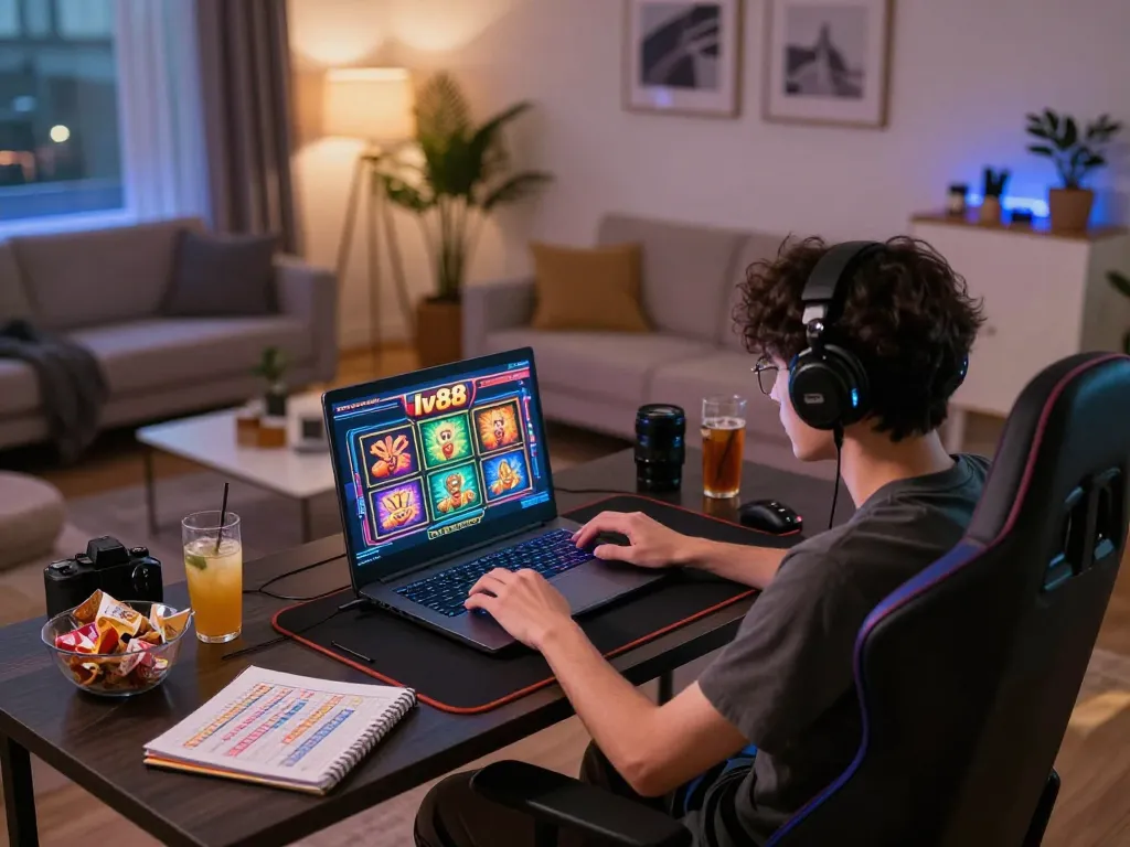 Engaging in lv88 slots gameplay in a cozy home gaming setup highlighting strategic entertainment.