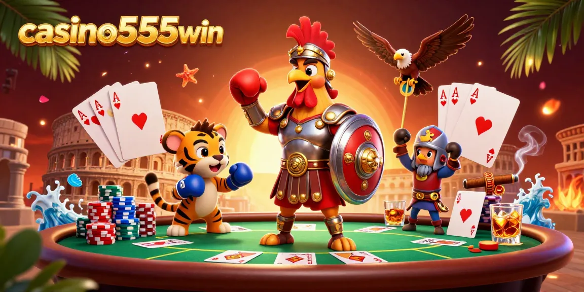 Experience casino555win excitement with a gladiator rooster, playful tiger cub, and eagle in a vibrant casino scene.