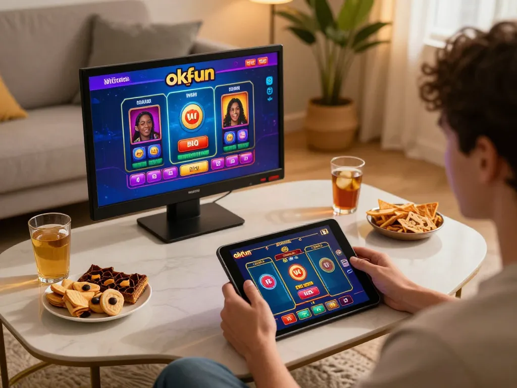 Engaged player using okfun app on a tablet for exciting online casino gaming.