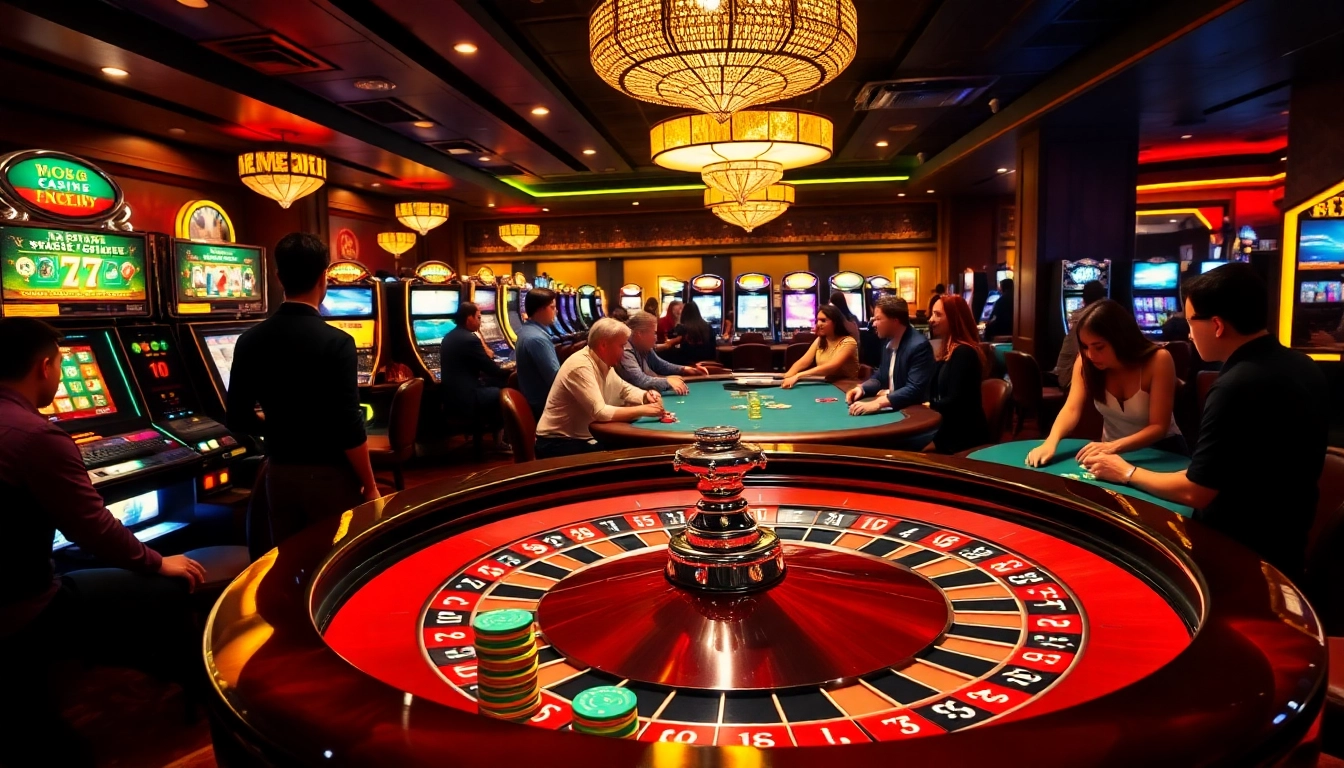 The lively casino scene at bomwin1.it.com features players at roulette and poker tables, emphasizing excitement and winning potential.