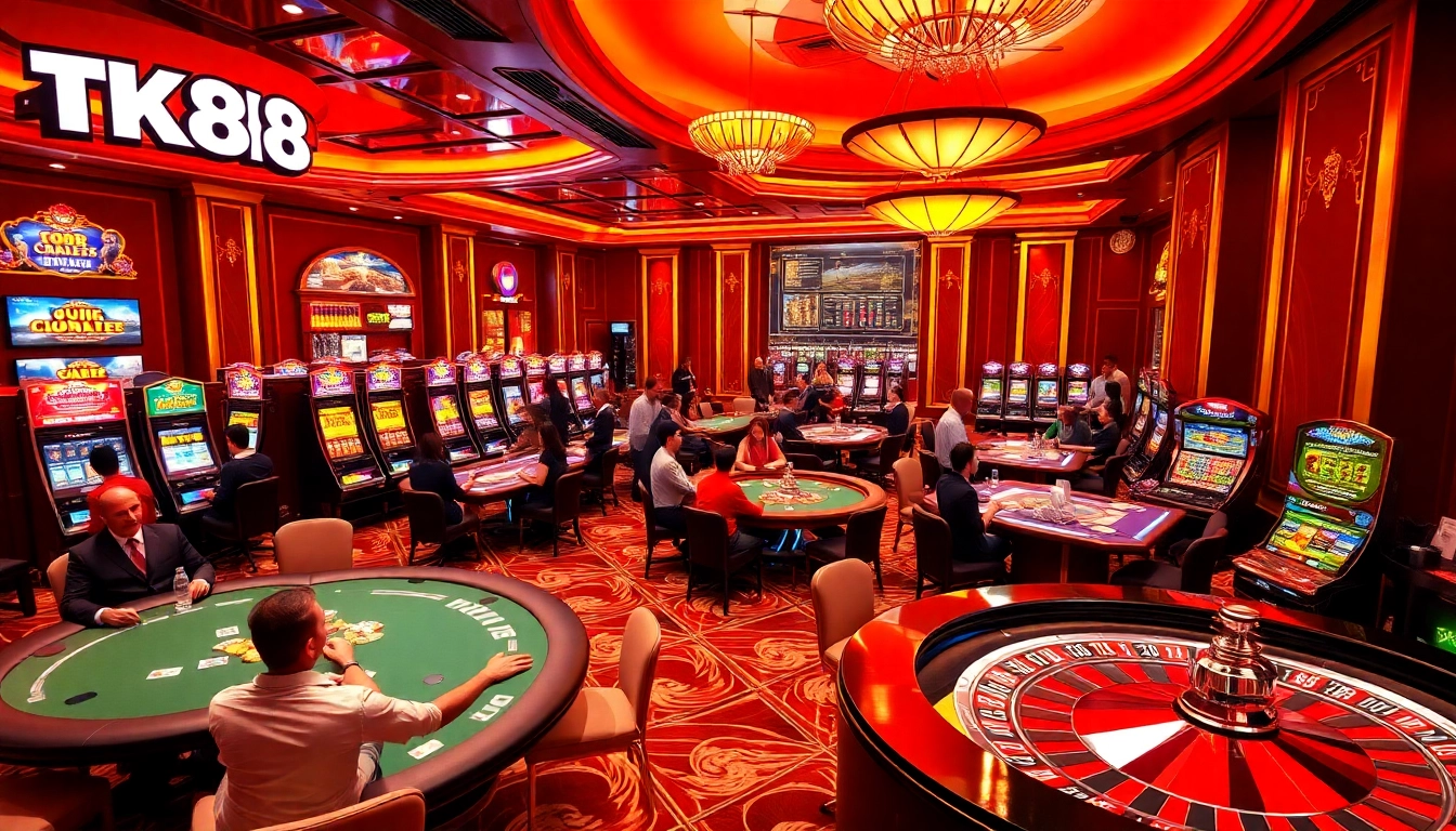Exciting casino scene at TK88 with energetic players, slot machines, and roulette tables.