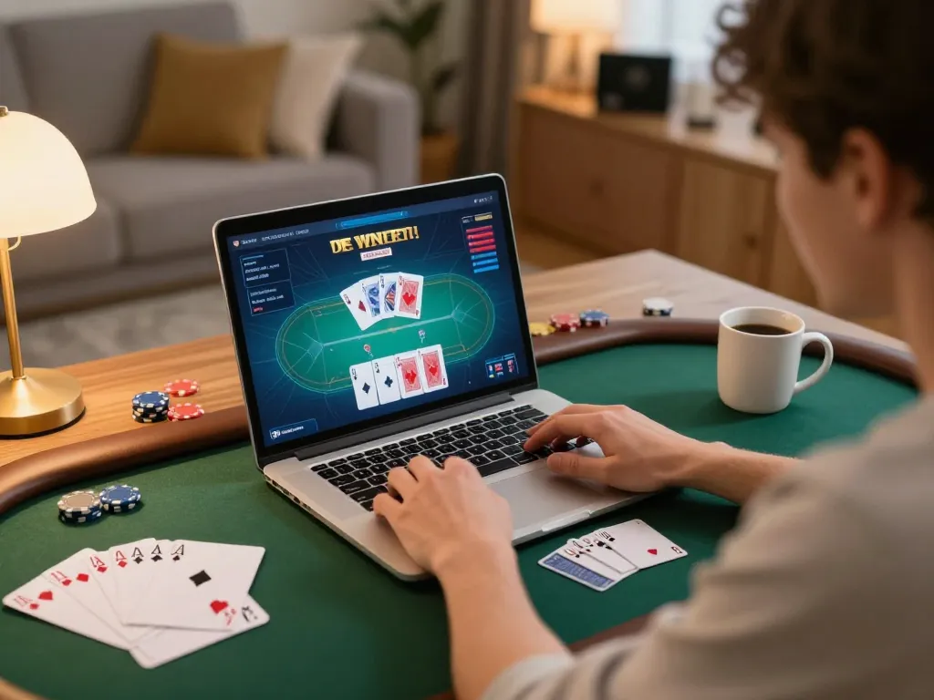 Engaging in strategic poker gameplay on SC88's online platform in a cozy home setting