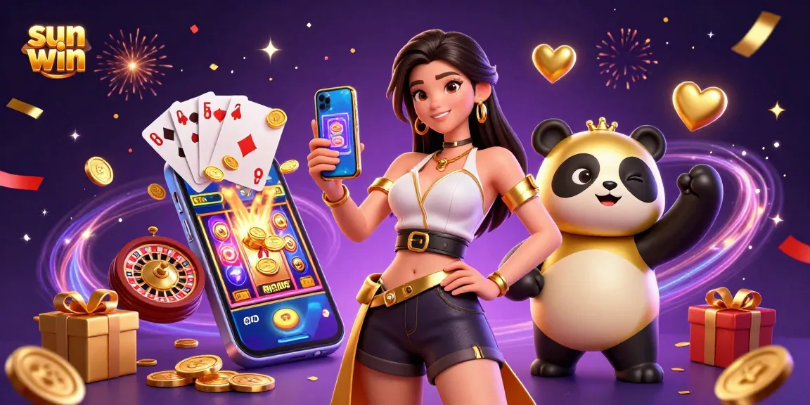 Engaging sun win casino game experience with an elegant Asian woman and a golden panda, exploring vibrant gaming elements.