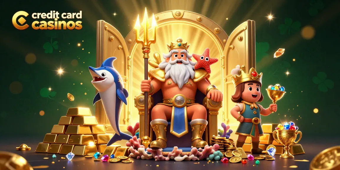 Experience thrilling gaming at credit card casinos with vibrant visuals of Neptune and riches.