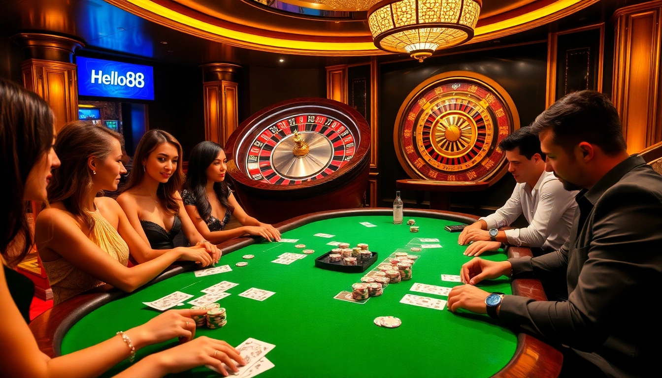 Players engage in a thrilling game of poker at a luxurious casino showcasing Hello88 brand elements.