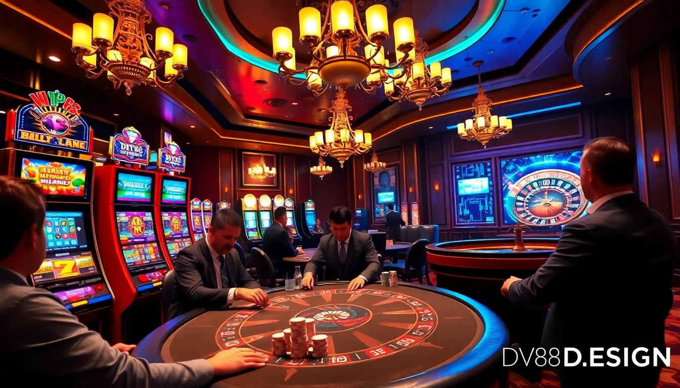 Experience the excitement of https://dv88.design/ with vibrant slot machines and poker players.