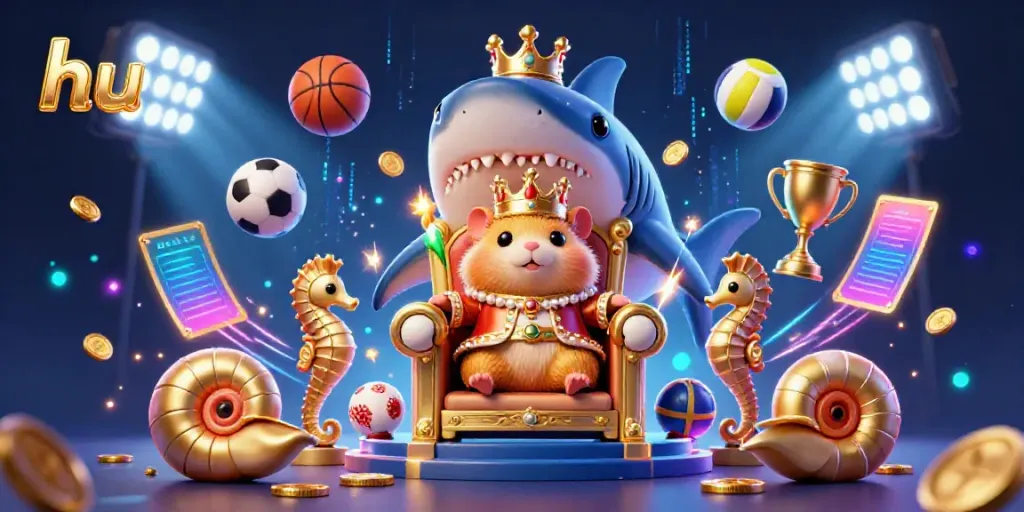 Engage in energetic sports betting with hu, featuring a golden hamster king and dynamic elements.