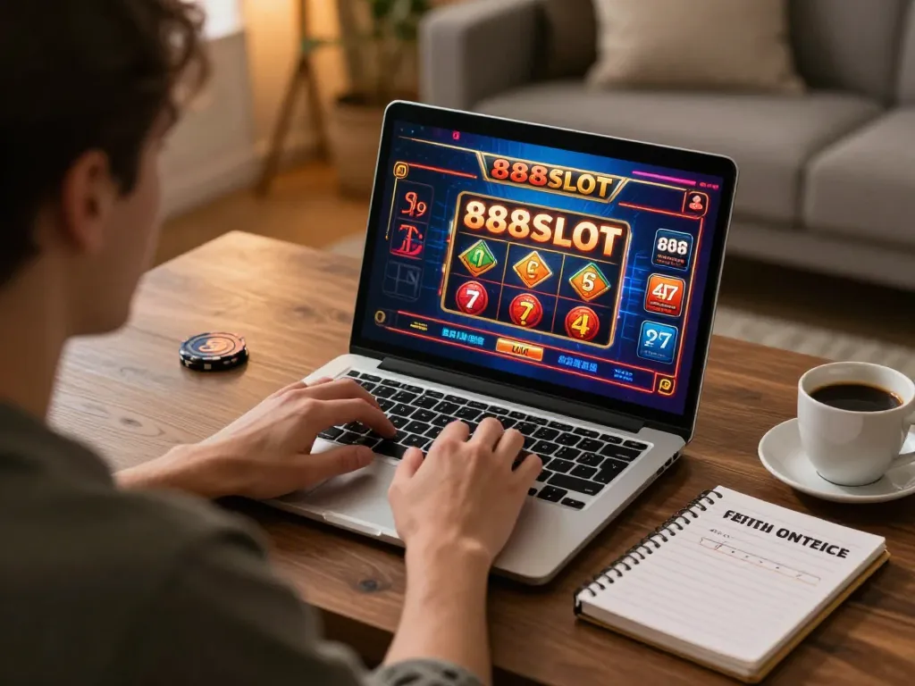Person playing 888SLOT online, showing strategy notes and vibrant gaming graphics.