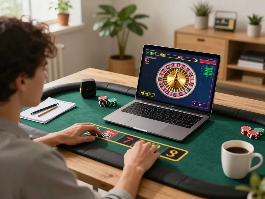 Engaging in live dealer roulette on a laptop at home, showcasing sunwin gaming experience.