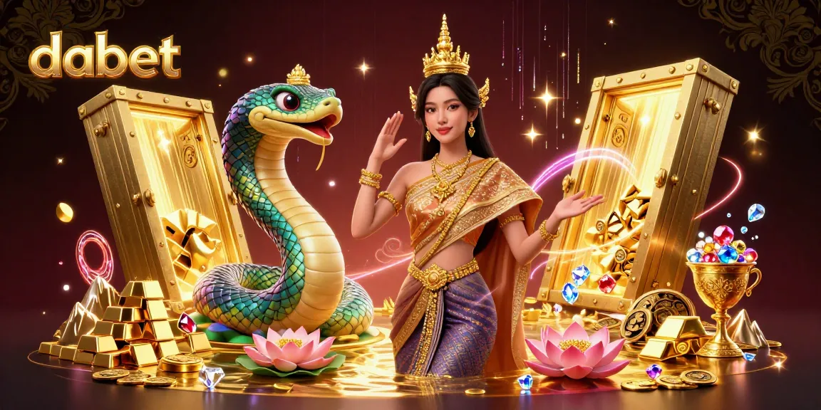 Dabet offers thrilling gambling experiences with a captivating Thai dancer and vibrant game elements surrounding them.