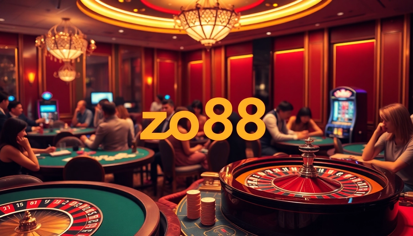 Players enjoying vibrant gaming action at the luxurious zo88 casino with roulette and poker tables.