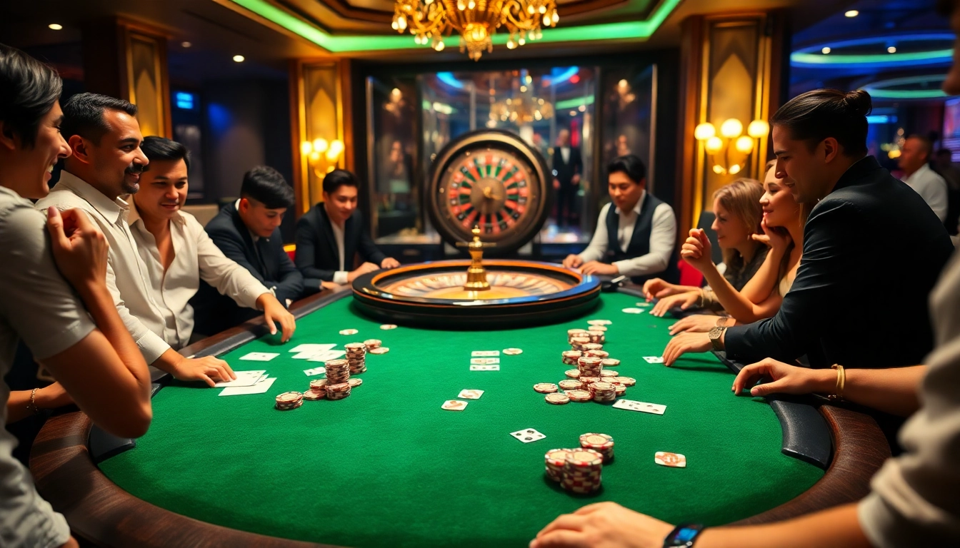 Cá cược Ku88 table with excited players, poker chips, and vibrant casino atmosphere.