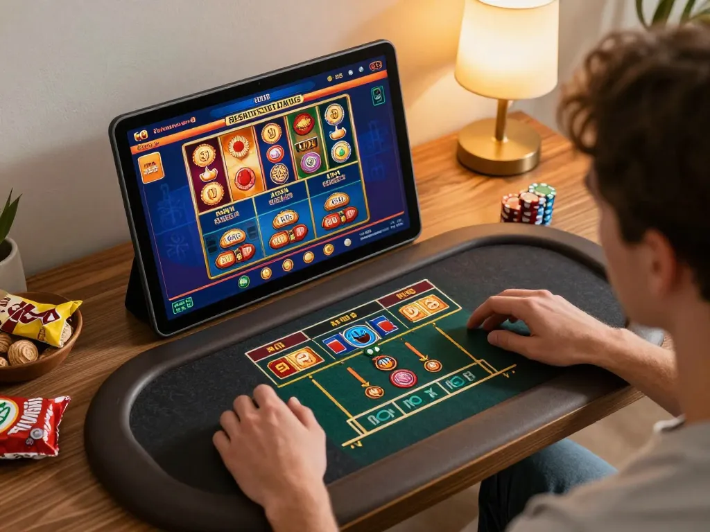 Player enjoying engaging casino games on lc88 com online platform in cozy home setup