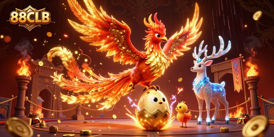 88CLB showcases thrilling gaming elements with a majestic phoenix and vibrant casino atmosphere.