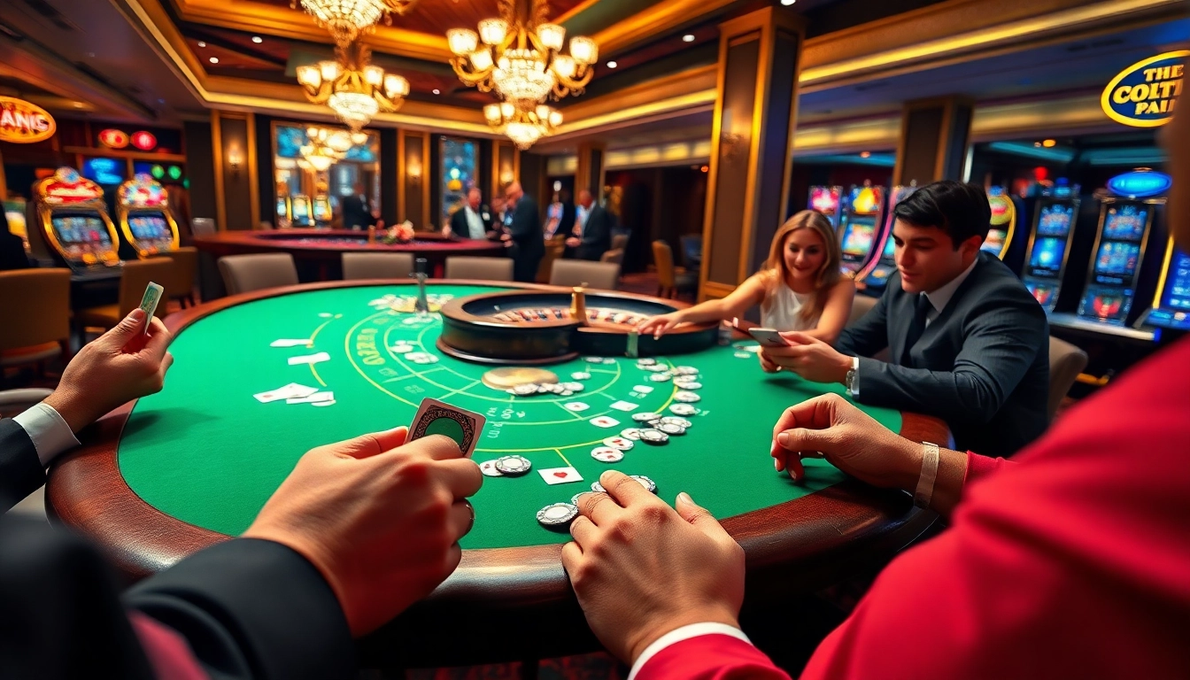 Players strategically placing bets at a QQ88 casino table filled with excitement and luxury.