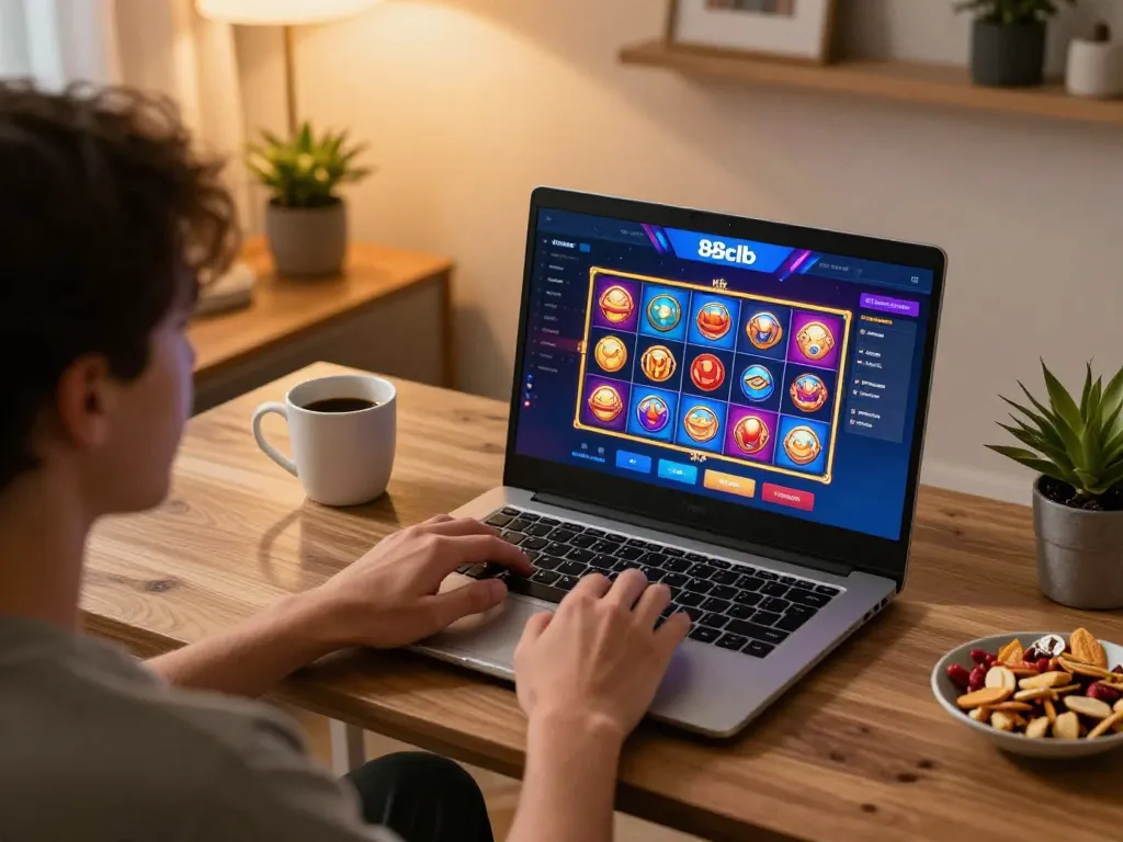 Player engaging with 88clb's slot games on a laptop in a cozy home setting