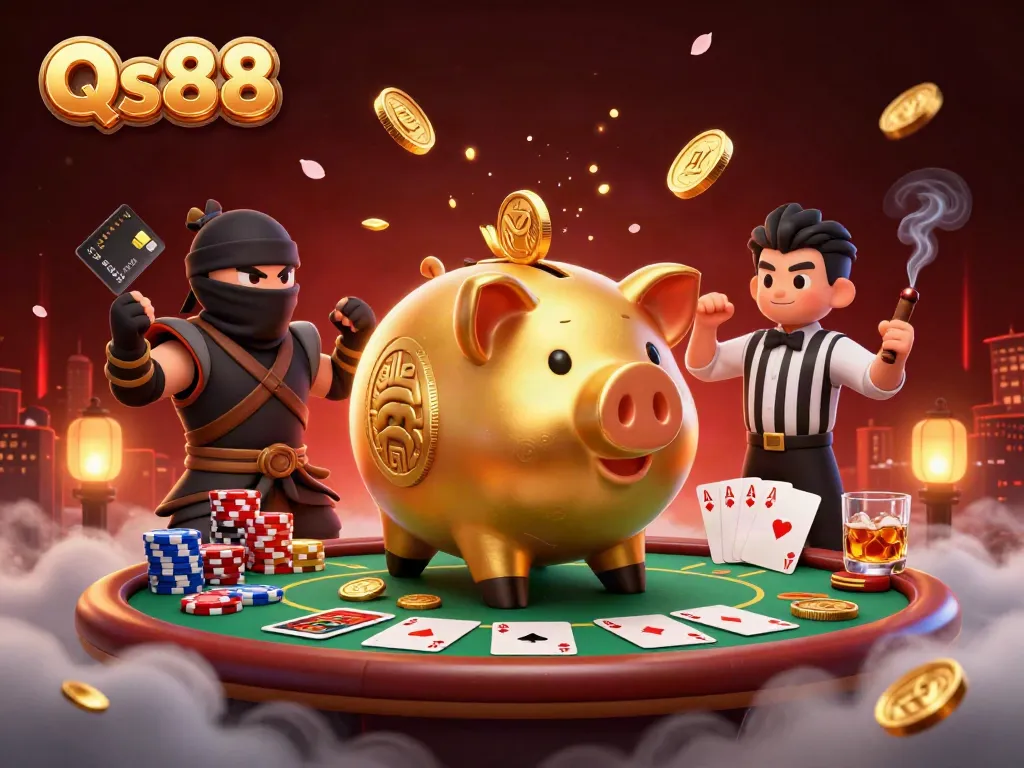Experience thrilling moments with Qs88 as a sumo wrestler piggy bank unleashes a avalanche of golden coins.