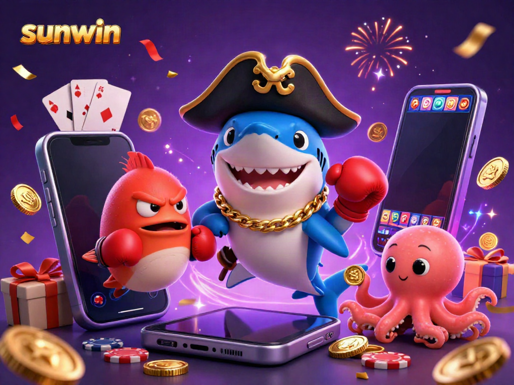 Experience thrilling gaming adventures with sunwin, featuring a pirate shark, pufferfish, and octopus in a colorful casino scene.
