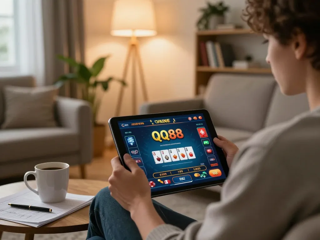 Player strategizing on QQ88 online casino app in a cozy living room setup.