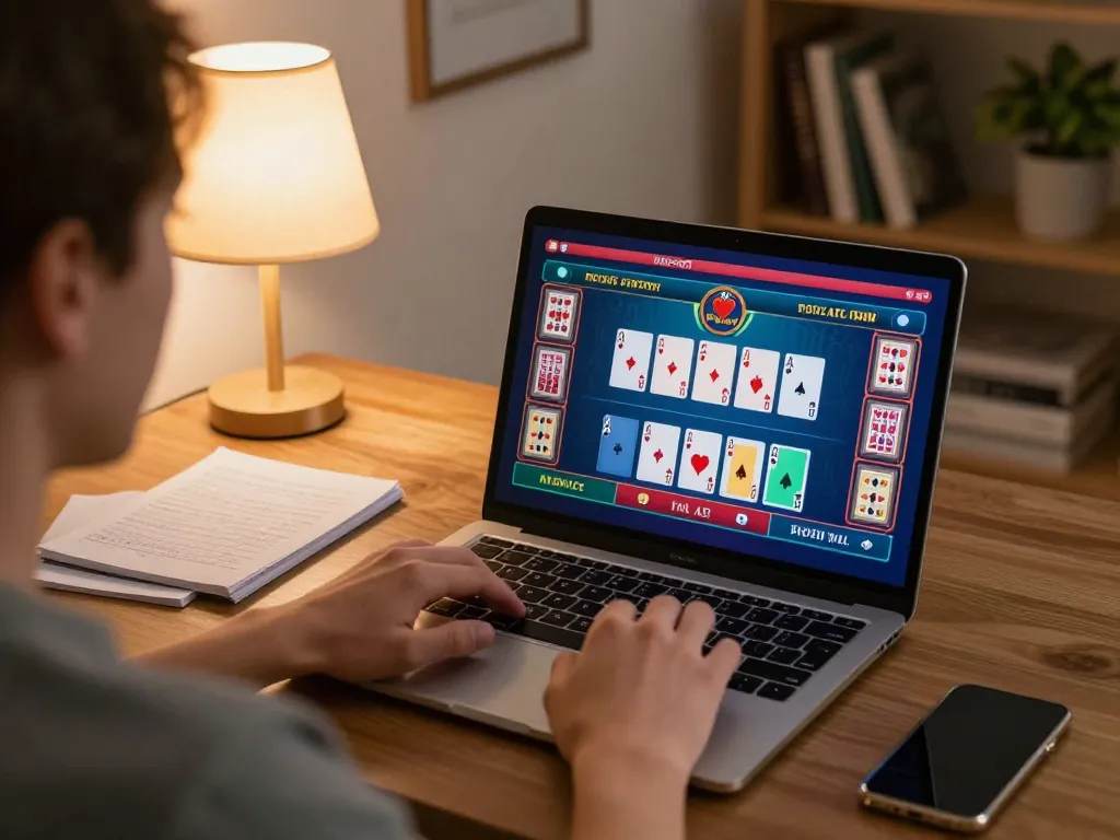 Player analyzing online baccarat game interface at home, highlighting xx88 gaming strategy.