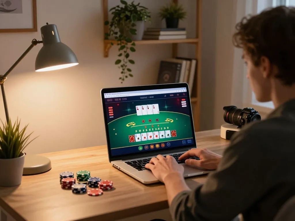 Onbet player engaging in blackjack from home, showcasing the online gaming experience