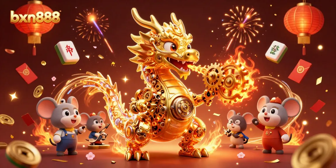 Experience the thrill of gaming with bxn888's dynamic 3D dragon scene, featuring vibrant casino elements and golden gears.