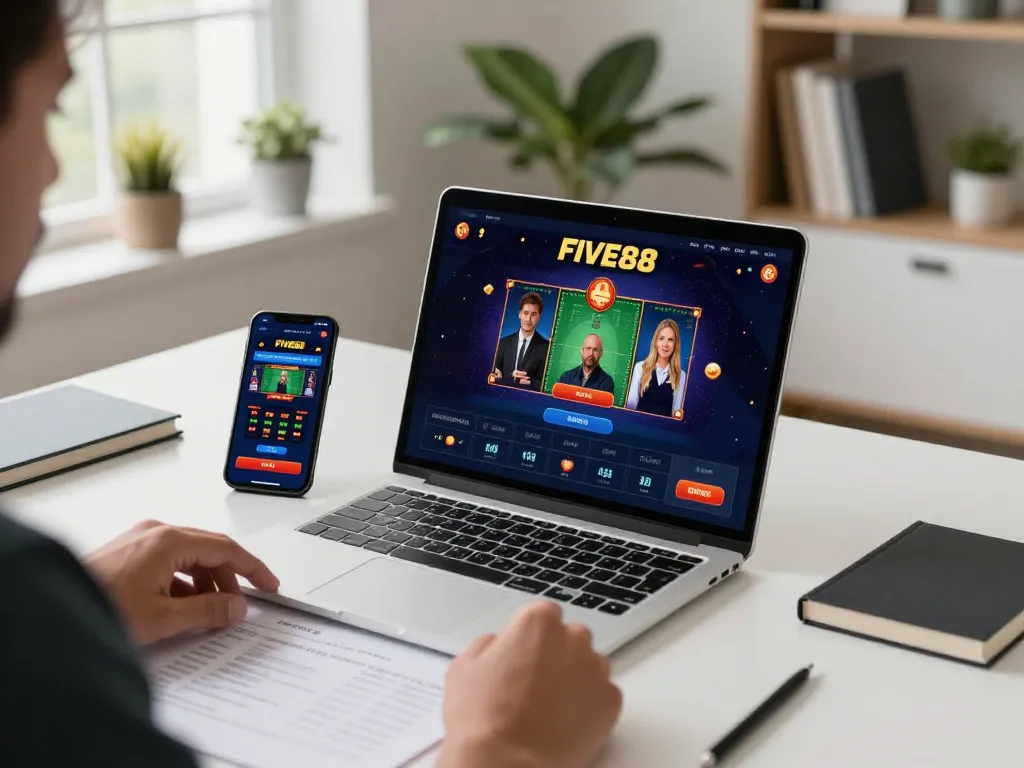 Engaging gameplay on the Five88 app in a modern home office setting with strategy notes.